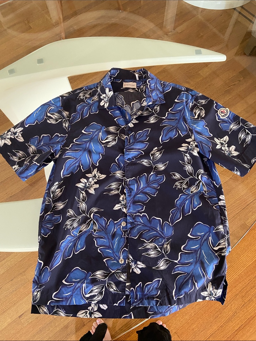 Moncler Navy Floral-Print Short Sleeve Button-Down Shirt